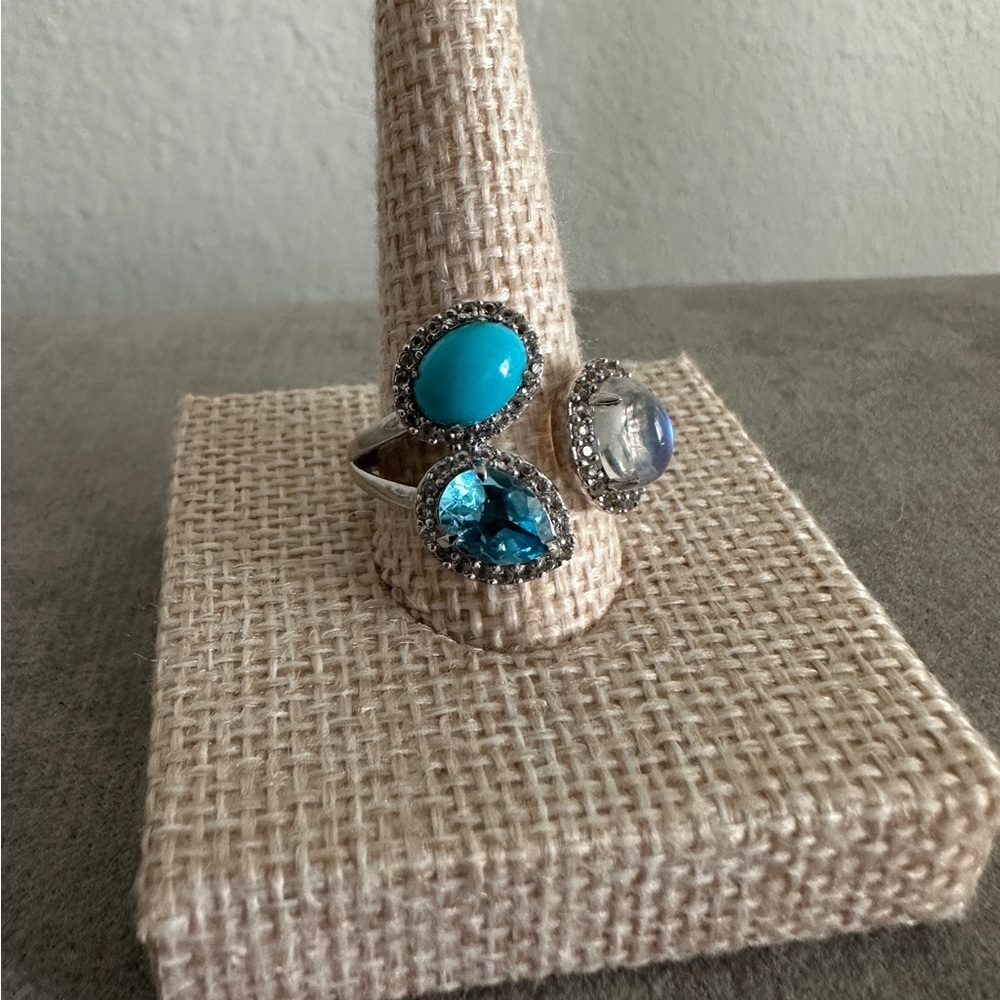 925 STERLING SILVER BLUE TOPAZ TURQUOISE & MOONSTONE Ring by Colleen Lopez - Picture 2 of 8